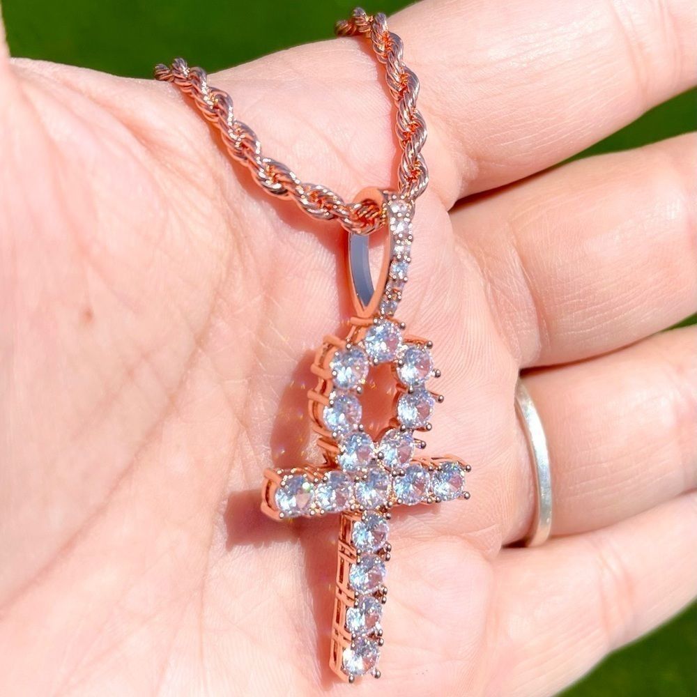 Icy Egyptian Ankh Pendant W/Rope Chain